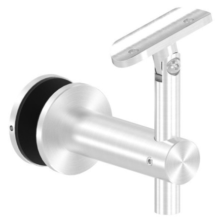 Nerezový držiak madla s kĺbom, kotvenie na sklo, odstup od steny 82 mm, platnička pod madlo - pre rúru